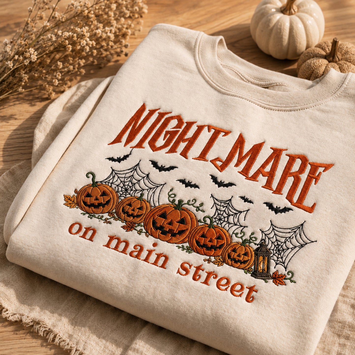 A folded cream-colored crewneck sweatshirt with a Halloween-themed embroidered design reading 'NIGHTMARE on main street' in orange, featuring jack-o'-lanterns, bats, spiderwebs, and a lantern, styled on a wooden surface with dried flowers and small pumpkins.