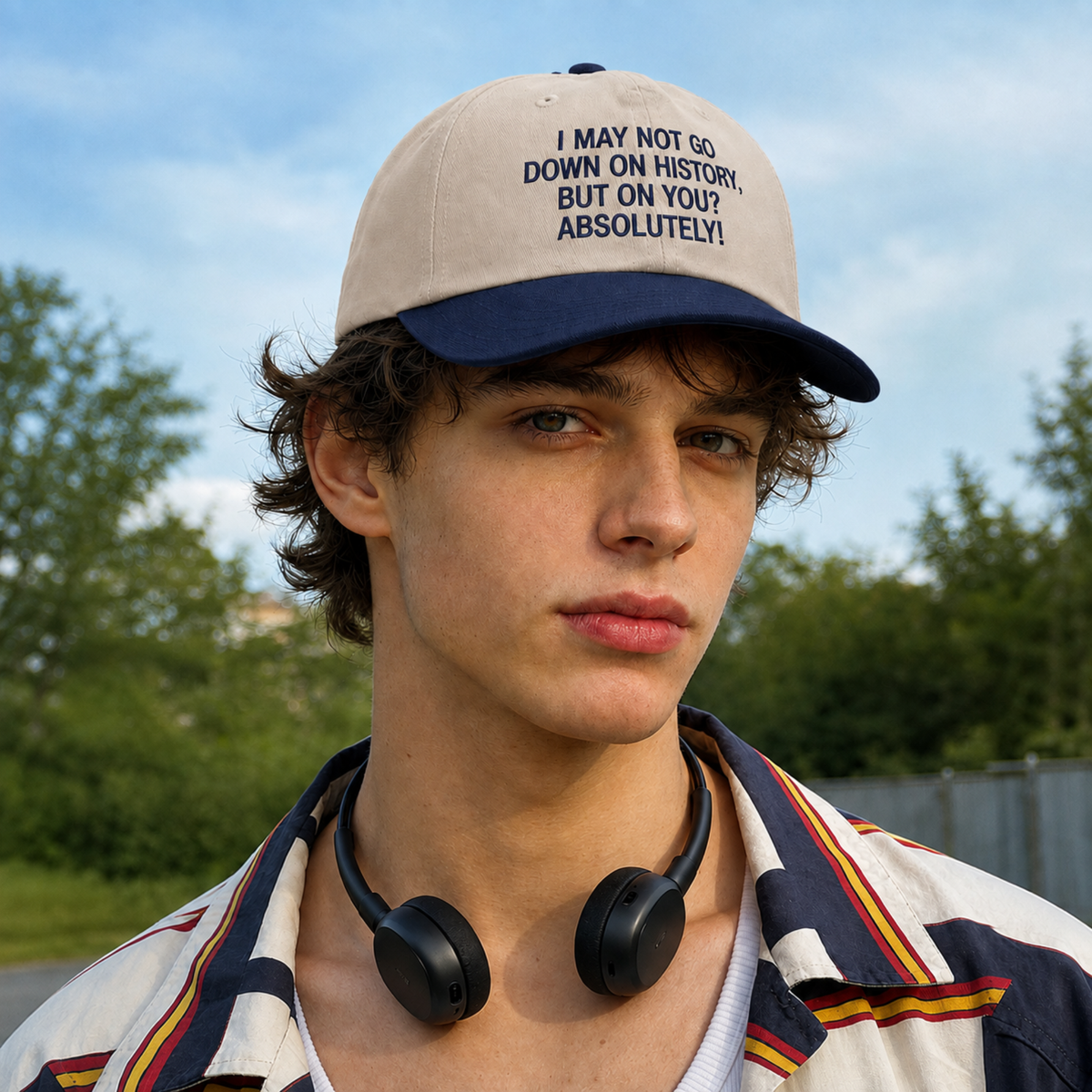 A young man wearing a beige and navy blue baseball cap with the text 'I MAY NOT GO DOWN ON HISTORY, BUT ON YOUR? ABSOLUTELY!' in navy blue lettering. He is wearing a patterned collared shirt and black over-ear headphones around his neck, photographed outdoors against a blurred background of trees and sky.