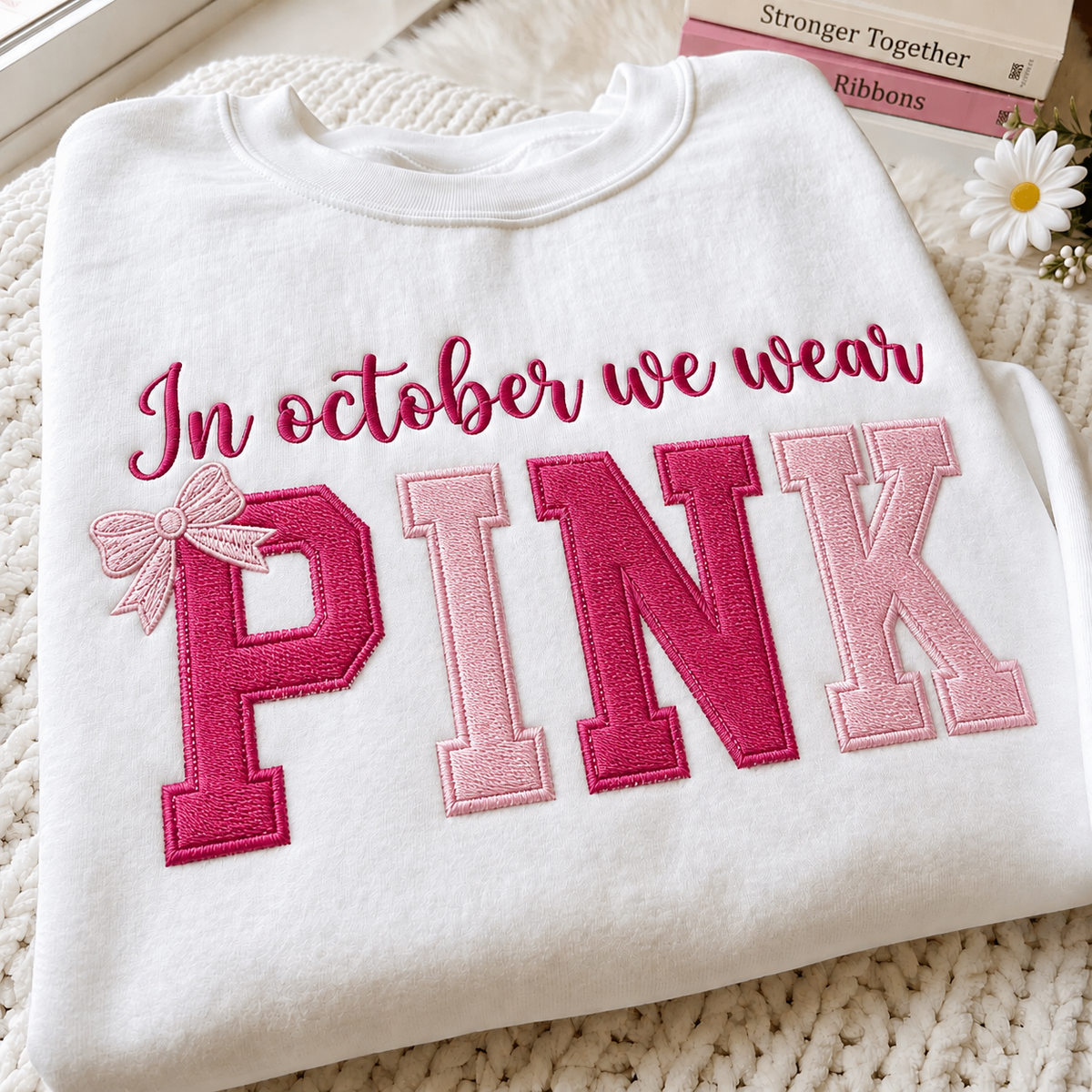 A folded white sweatshirt with pink embroidered text reading 'In October We Wear PINK' and a small bow detail, styled on a cream knit blanket with books and a daisy in the background.