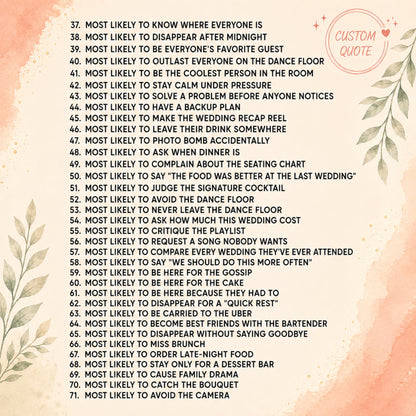 A digital graphic featuring a list of 72 funny, embarrassing, and awkward questions for wedding guests, styled with a peach and white floral background and a 'Custom Quote' badge in the top right corner.