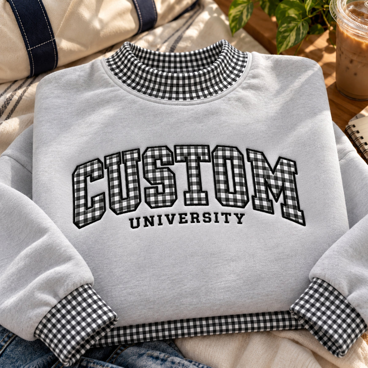 A light gray crewneck sweatshirt with black and white gingham patterned trim on the collar, cuffs, and hem, featuring 'CUSTOM UNIVERSITY' printed in black varsity lettering on the front.