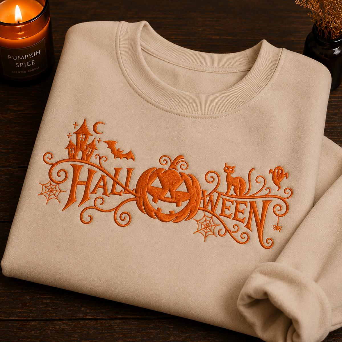 A folded beige crewneck sweatshirt with an orange embroidered 'HALLOWEEN' graphic featuring a jack-o'-lantern, spiderwebs, bats, a haunted house, and a cat, displayed on a dark wooden table next to a lit candle.