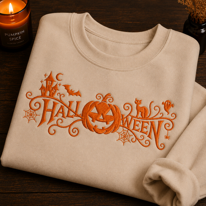 A folded beige crewneck sweatshirt with an orange embroidered 'HALLOWEEN' graphic featuring a jack-o'-lantern, spiderwebs, bats, a haunted house, and a cat, displayed on a dark wooden table next to a lit candle.