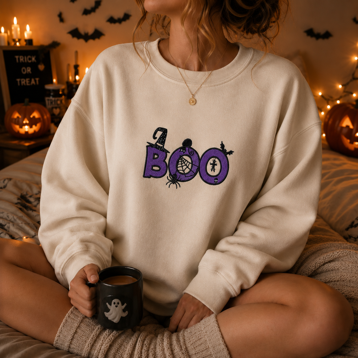 Halloween Boo Embroidered Sweatshirt