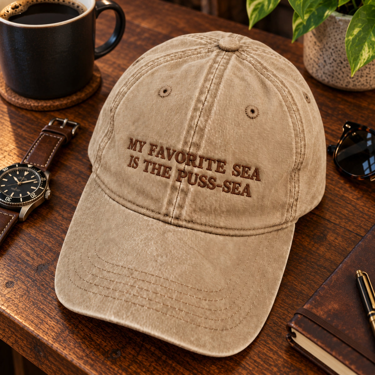 Vintage washed khaki baseball cap with brown embroidered text “MY FAVORITE SEA IS THE PUSS-SEA,” featuring a funny adult humor quote, distressed cotton fabric, and curved brim, displayed on a rustic wooden table with coffee and accessories.