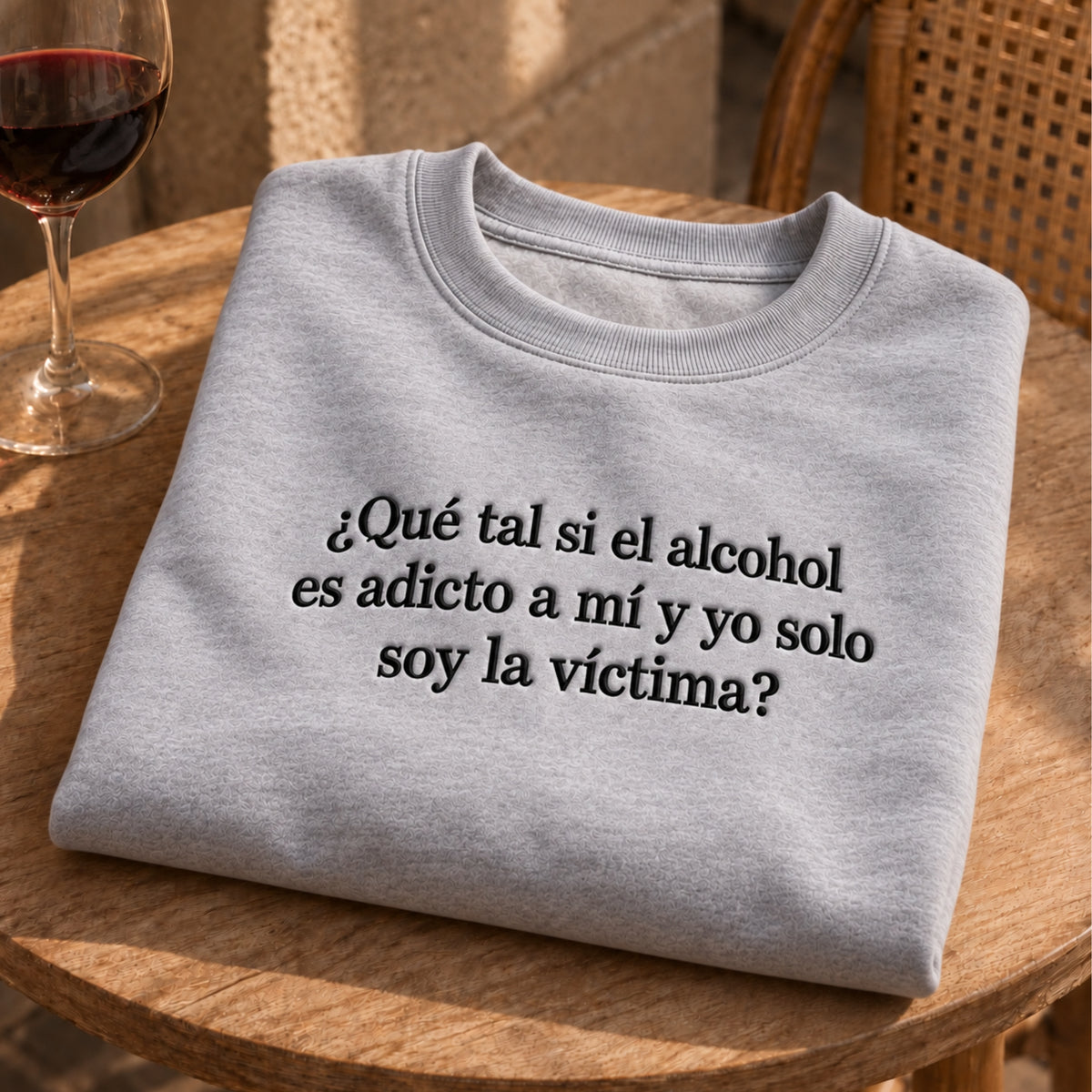Gray embroidered sweatshirt featuring the Spanish quote “¿Qué tal si el alcohol es adicto a mí y yo solo soy la víctima?” folded on a wooden table beside a glass of red wine.