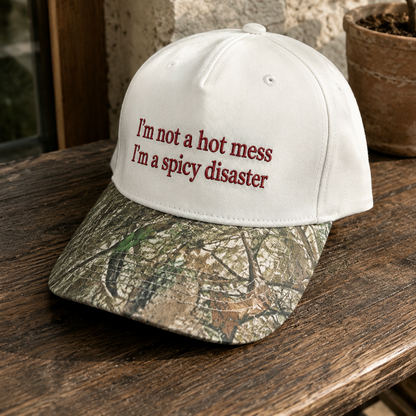 A baseball cap resting on a wooden table, featuring a white crown with the embroidered text 'I'm not a hot mess I'm a spicy disaster' in red, and a camouflage-patterned brim.