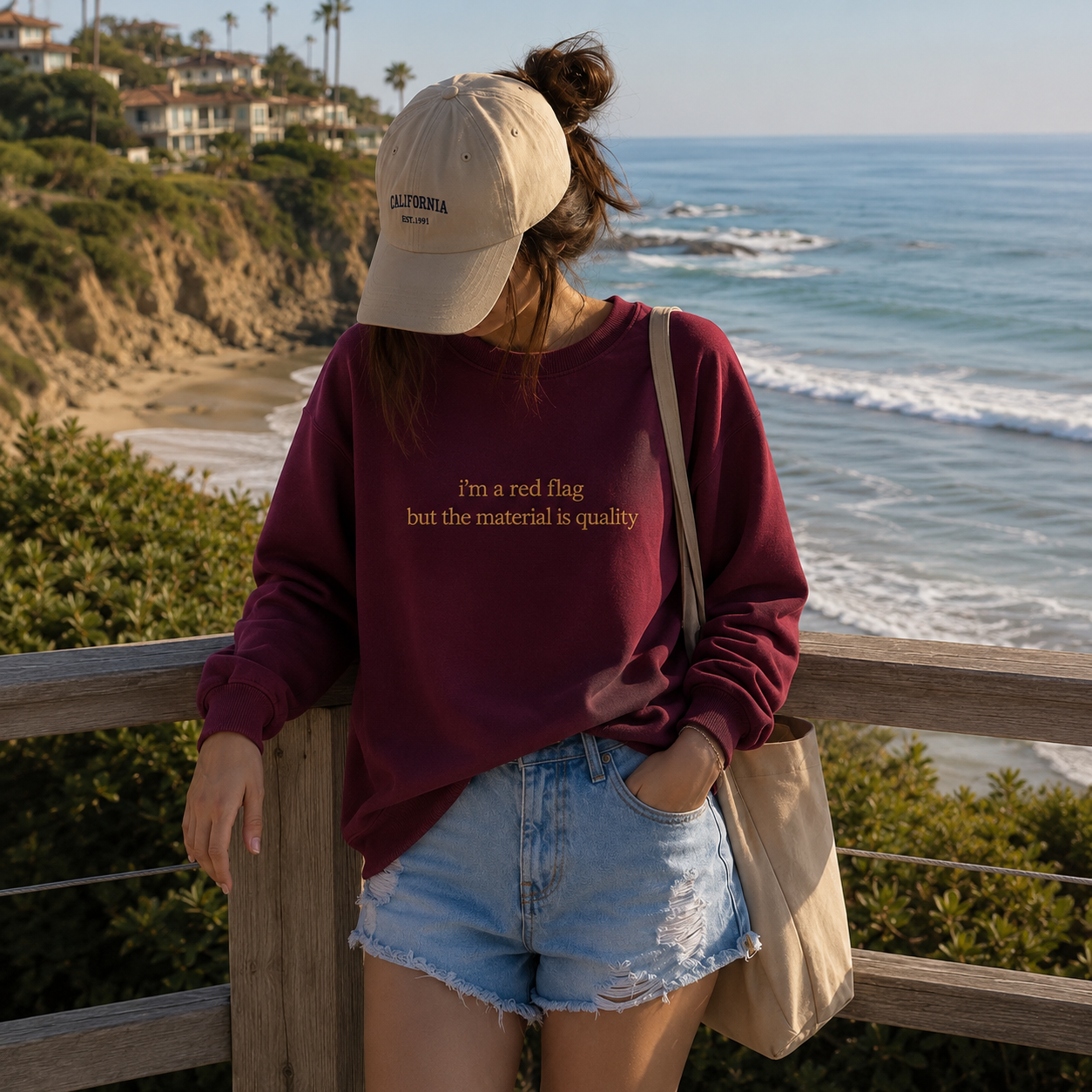 Woman standing near the ocean wearing a beige baseball cap, denim shorts, and a maroon crewneck sweatshirt with gold embroidered text reading "i'm a red flag but the material is quality".