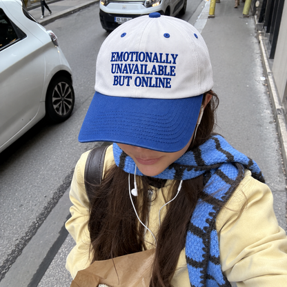 Emotionally Unavailable But Online Embroidered Baseball Hat