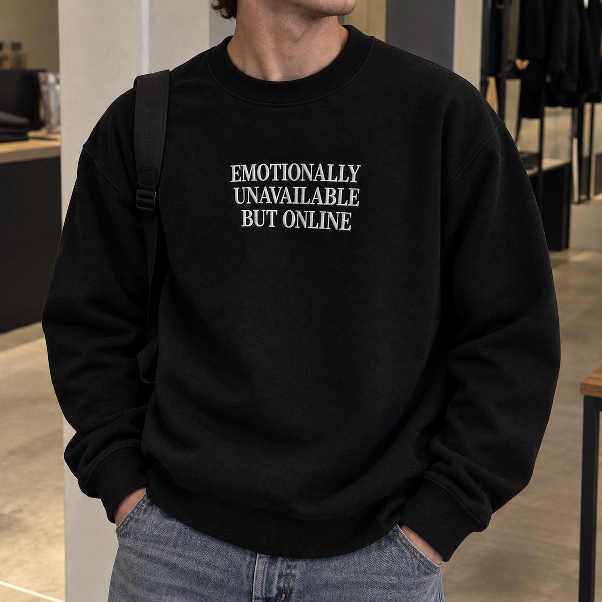 Emotionally Unavailable But Online Embroidered Sweatshirt