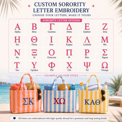 Greek Letters Sorority Embroidered Striped Tote Bag