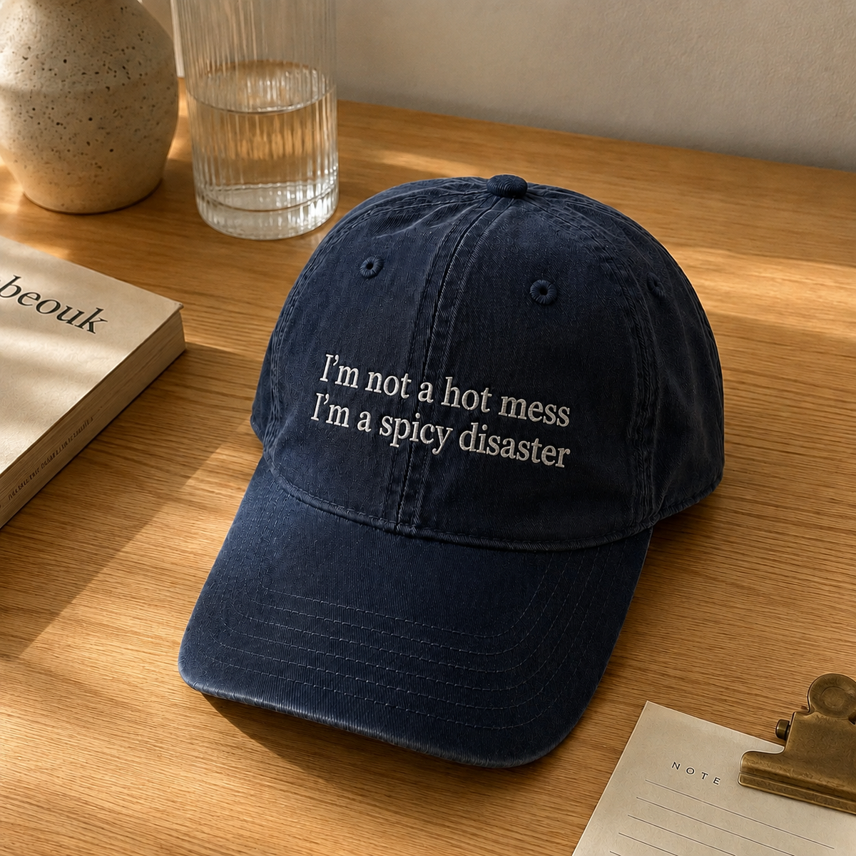 A navy blue baseball cap with white embroidered text reading 'I'm not a hot mess I'm a spicy disaster' resting on a wooden desk next to a book, glass, and note pad.