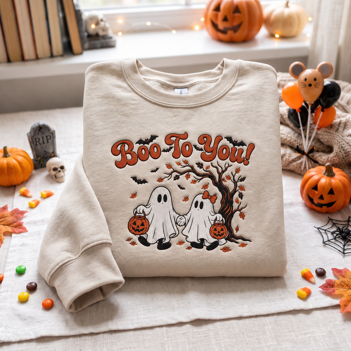 A folded cream-colored crewneck sweatshirt with a 'Boo To You!' Halloween graphic, styled on a tablecloth with autumn and Halloween props like pumpkins, candy corn, and a small mouse decoration.