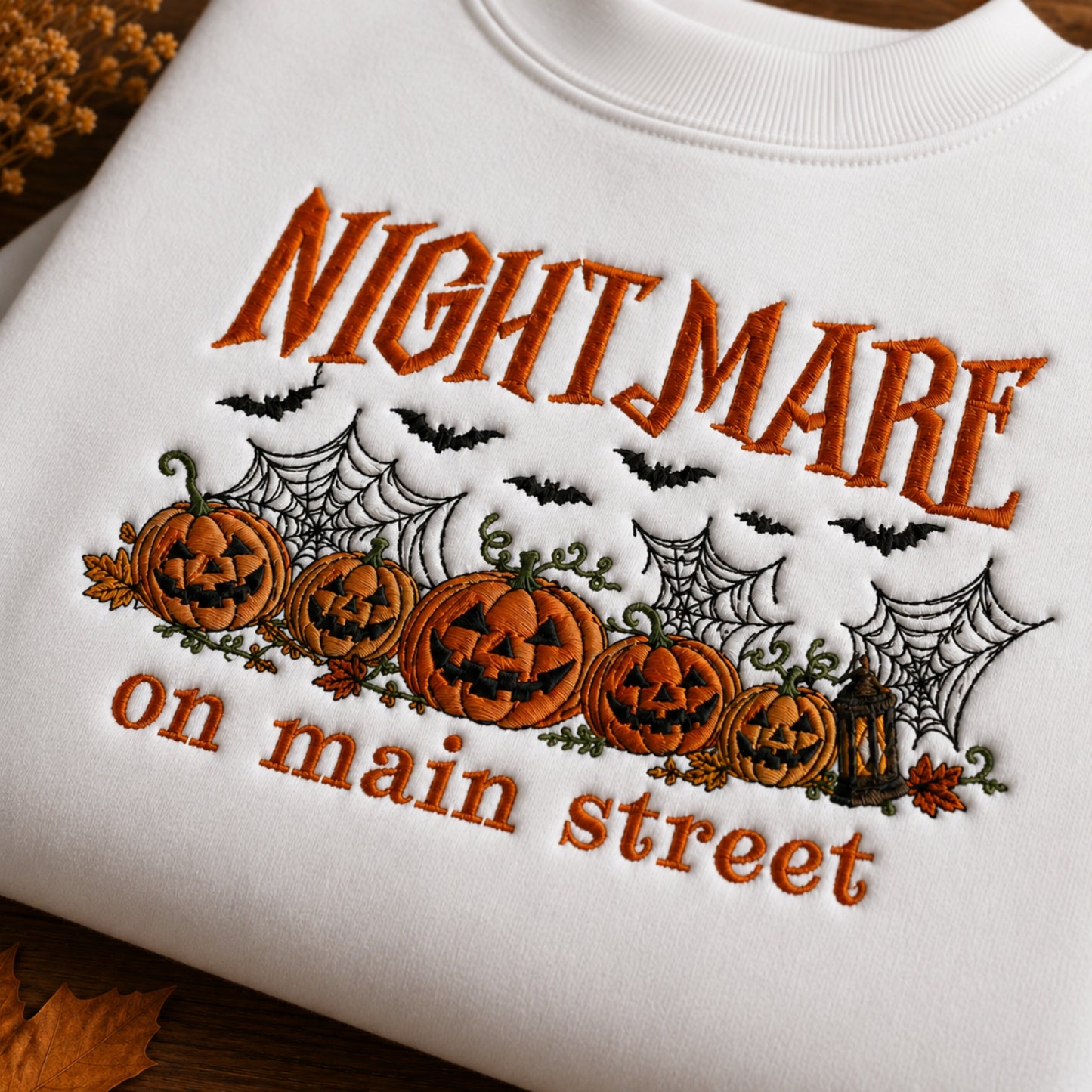 A close-up of a white sweatshirt featuring embroidered Halloween graphics and the text 'NIGHTMARE on main street' in orange, with jack-o'-lanterns, bats, cobwebs, and a lantern.
