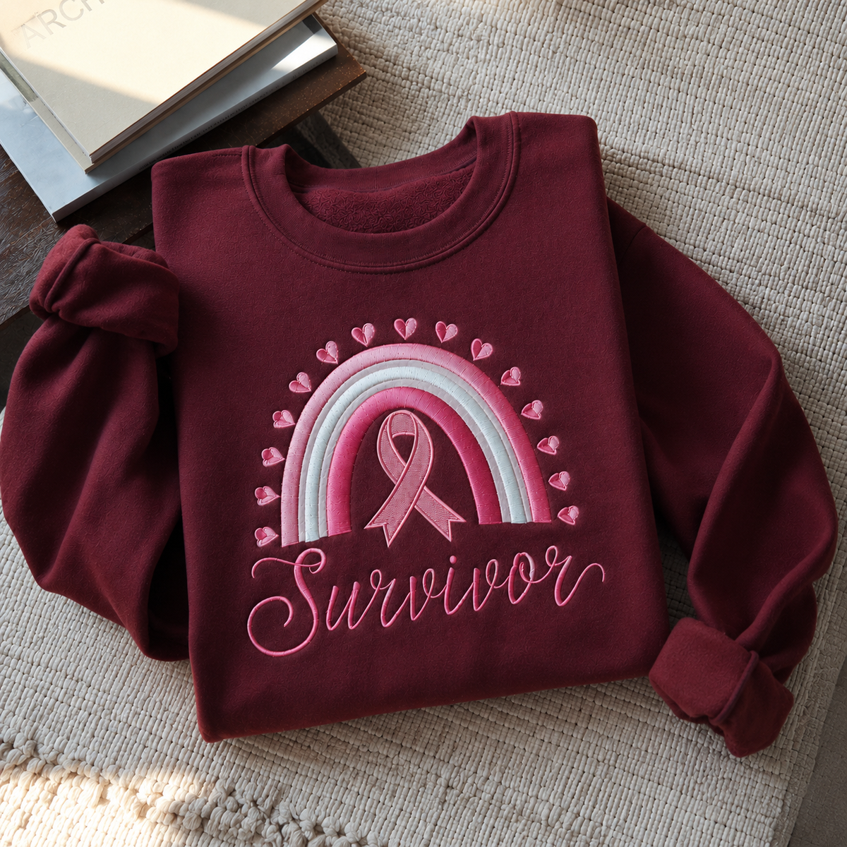 A folded burgundy sweatshirt with a pink and white rainbow, pink ribbon, and the word 'Survivor' on the front, styled on a textured beige fabric surface with a book corner visible in the upper left.