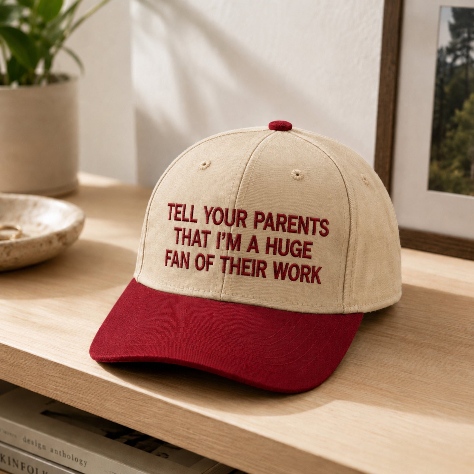 A baseball cap with a beige crown and a dark red curved brim, featuring the embroidered text 'TELL YOUR PARENTS THAT I'M A HUGE FAN OF THEIR WORK' in dark red. The cap is styled on a light wooden shelf with a potted plant and framed picture in the background.