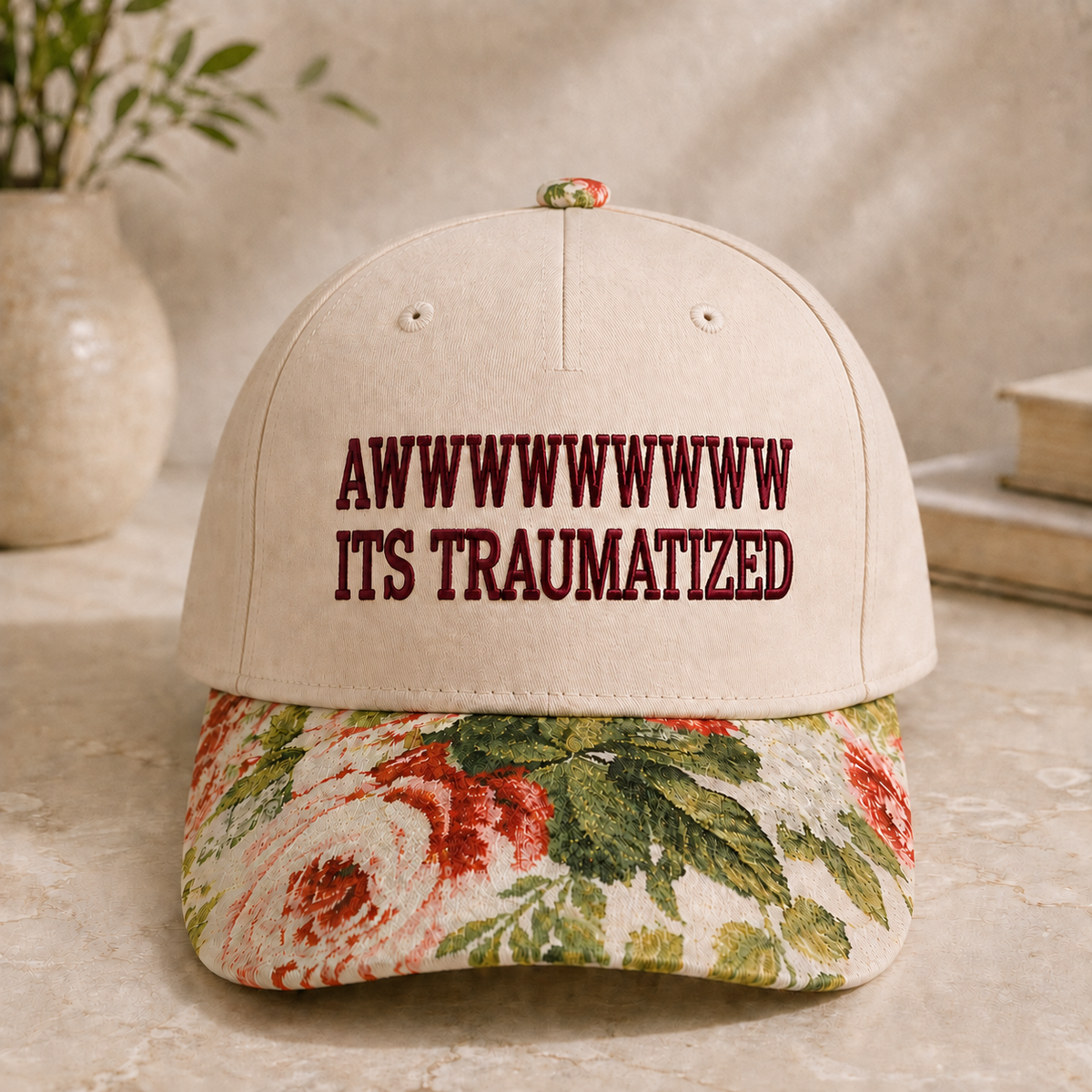A beige baseball cap with dark red embroidered text reading 'AWWWWWWWWW ITS TRAUMATIZED' on the front, featuring a floral patterned visor with red and green roses, set against a warm beige background with a blurred vase and books.