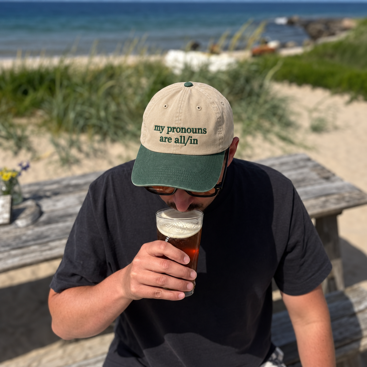 My Pronouns Are All/In Embroidered Baseball Hat