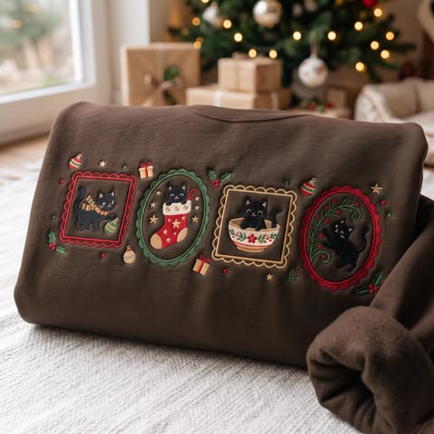 Vintage Christmas Kitty Embroidered Sweatshirt