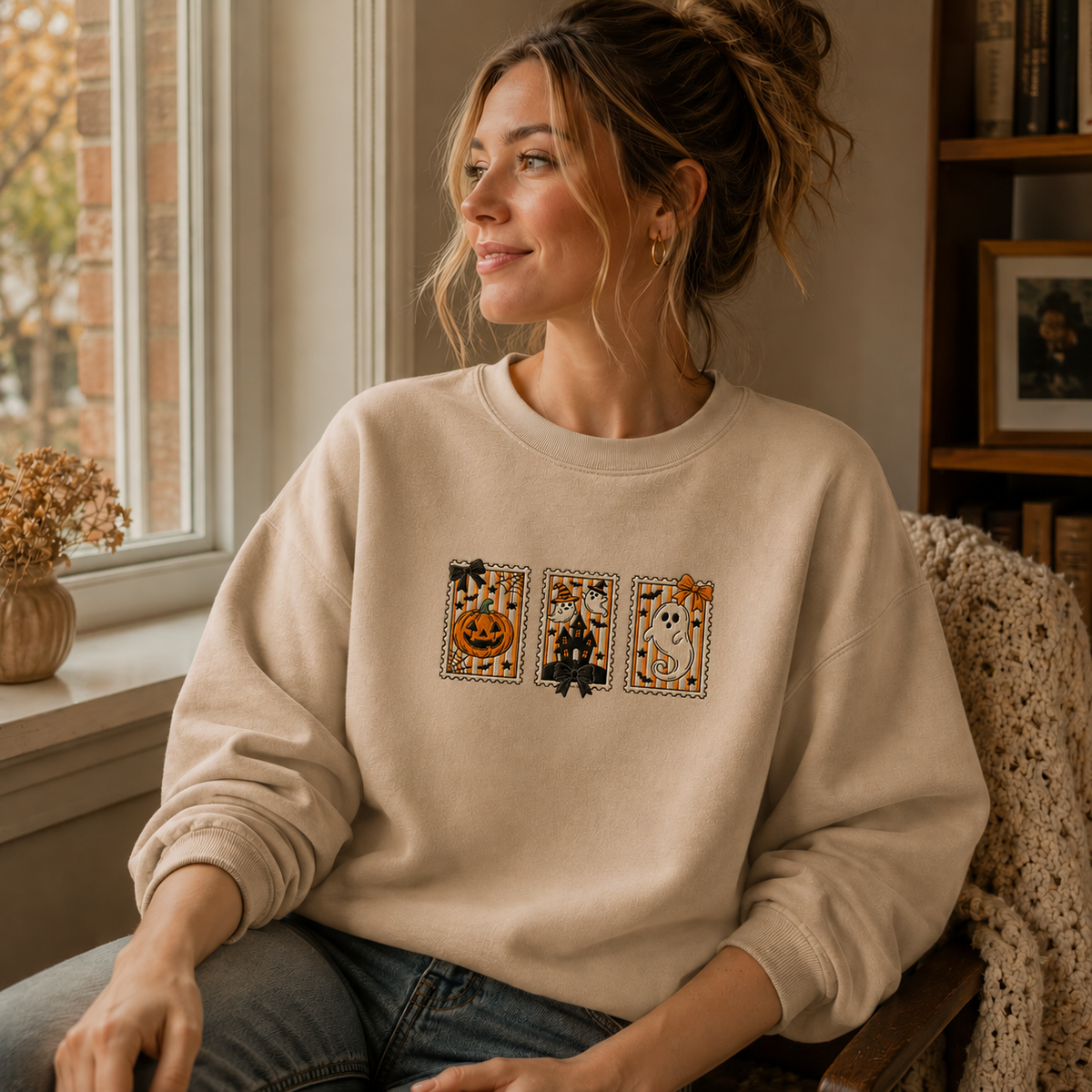 A woman wearing a beige crewneck sweatshirt with a Halloween-themed graphic print of three tarot cards (Jack-o'-lantern, clover, and ghost) sits in a cozy indoor setting by a window.