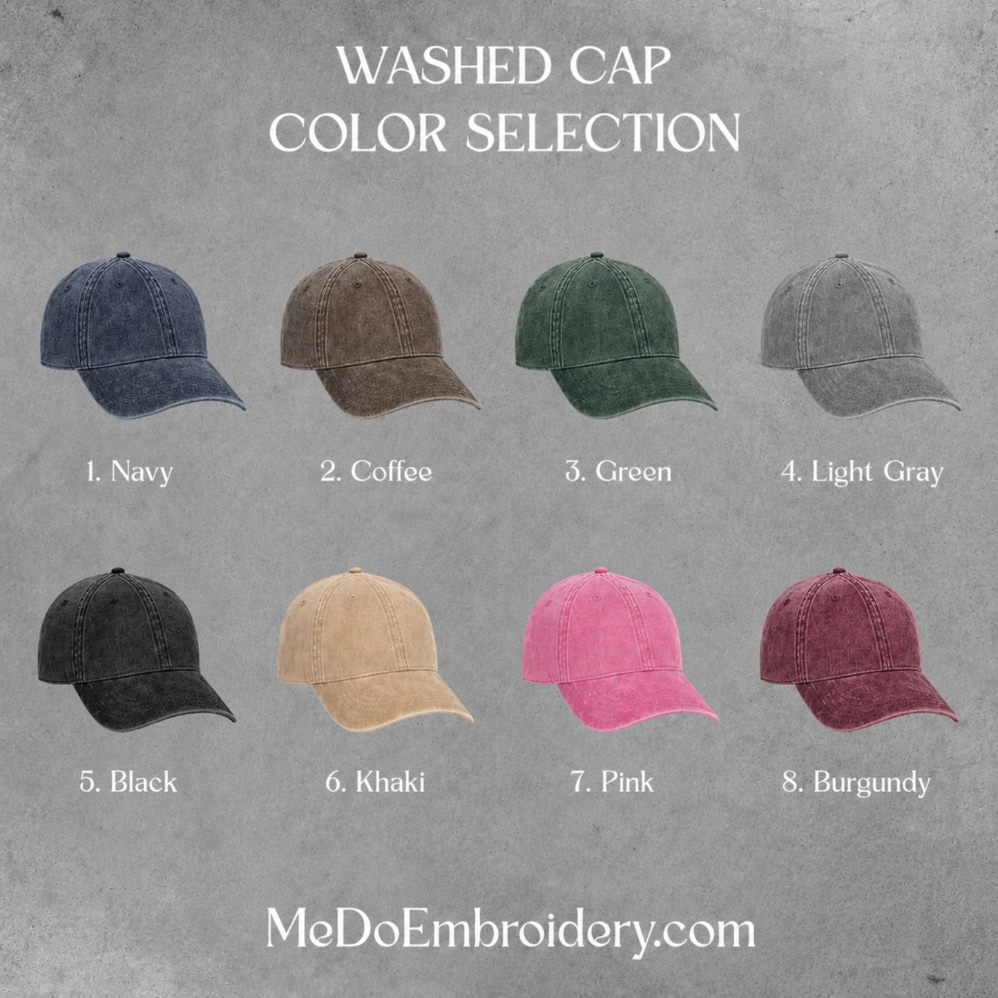 A color selection chart for washed caps showing eight different cap colors labeled 1. Navy, 2.