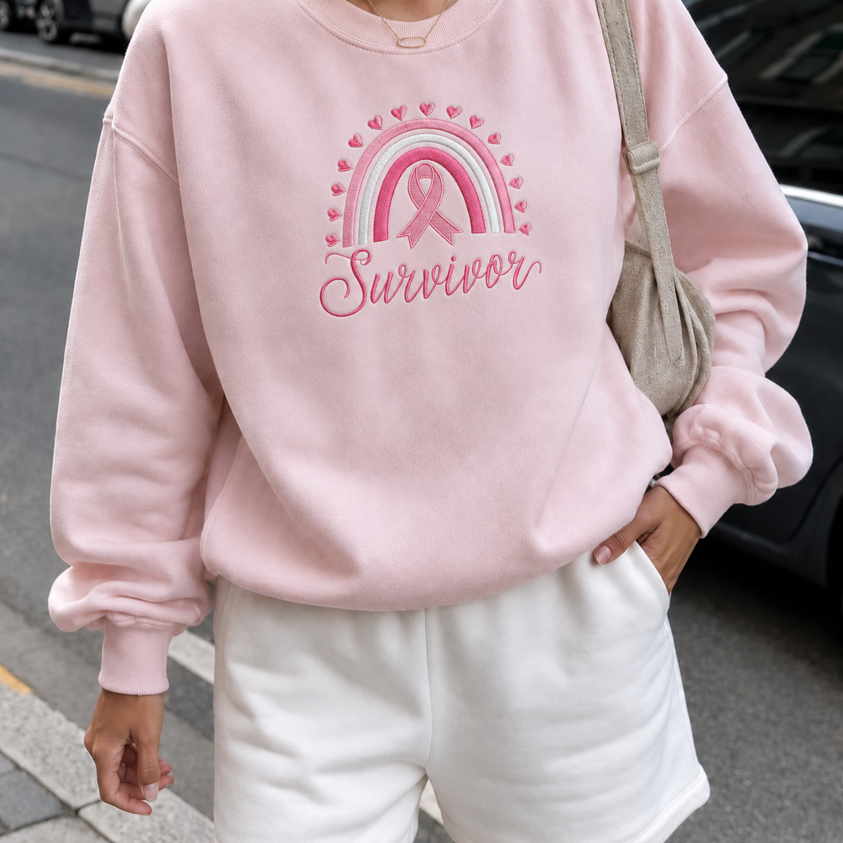 A person wearing a light pink crewneck sweatshirt with a pink ribbon and rainbow graphic on the front, paired with white sweatpants and a beige shoulder bag, photographed outdoors on a street.