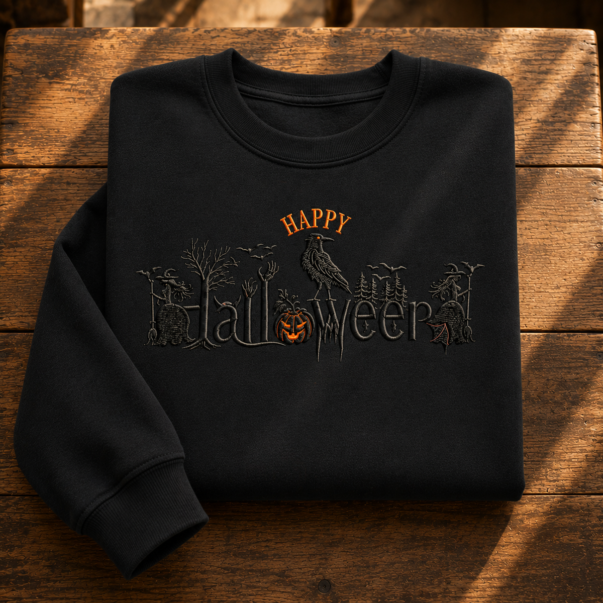 A folded black crewneck sweatshirt with a Halloween-themed graphic reading 'Happy Halloween' in dark gray lettering with orange accents, displayed on a rustic wooden surface.