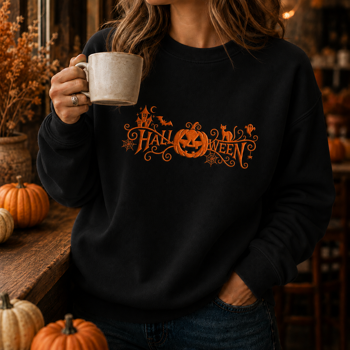 A woman wearing a black crewneck sweatshirt with an orange 'Halloween' graphic print, holding a mug in a cozy, autumn-themed setting with pumpkins.