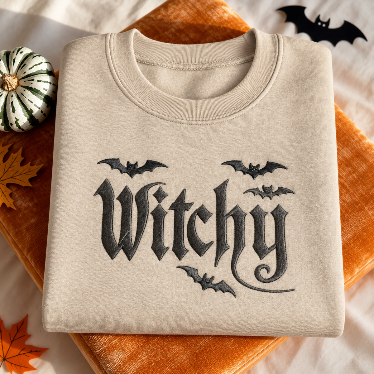 A folded cream sweatshirt with a gothic-style 'Witchy' text graphic and bat silhouettes, styled on an orange blanket with autumn leaves and a small gourd.