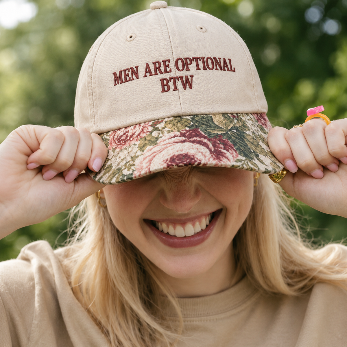 Men Are Optional BTW Embroidered Floral Hat