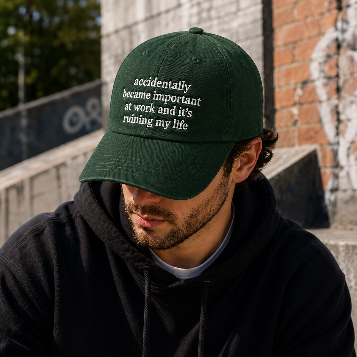 A man wearing a dark green baseball cap with white embroidered text that reads 'accidentally became important at work and it's ruining my life', paired with a black hoodie in an outdoor urban setting.