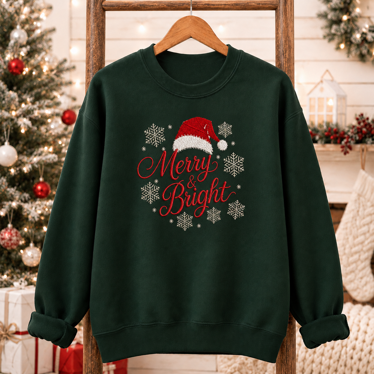 A dark forest green crewneck sweatshirt hanging on a wooden hanger, featuring a festive Christmas graphic with a Santa hat, snowflakes, and the words 'Merry & Bright' in red and white. The background depicts a cozy holiday scene with a decorated Christmas tree and warm lights.