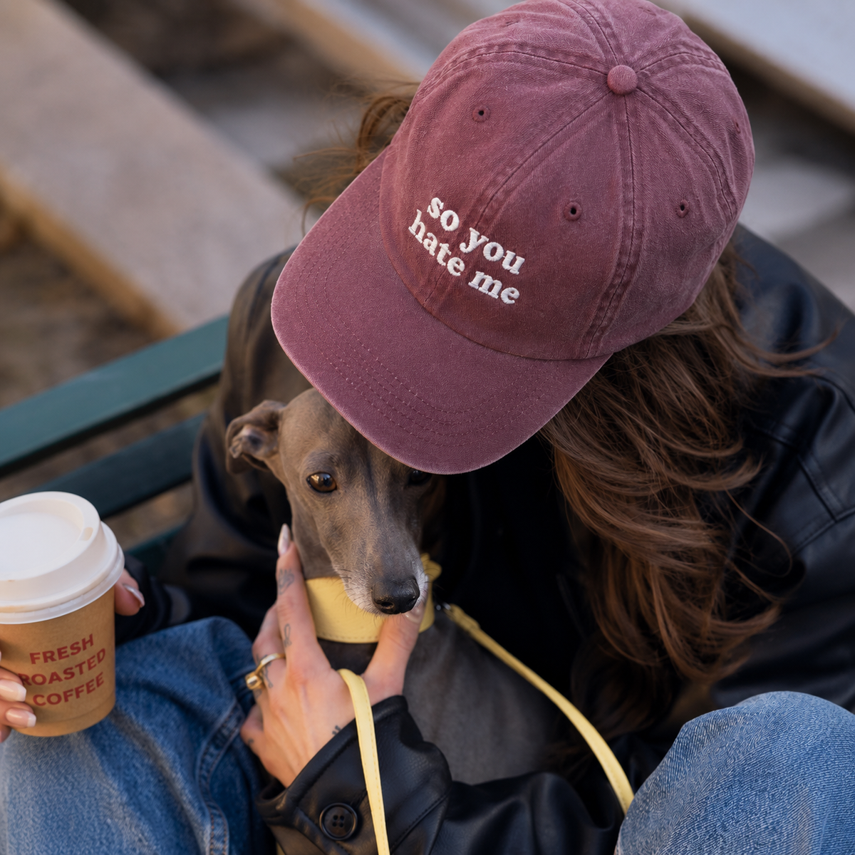 A person wearing a dusty rose baseball cap with the white embroidered text 'so you hate me' is sitting outdoors with a small gray dog on their lap. The person is also holding a paper coffee cup.