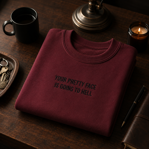 A folded maroon crewneck sweatshirt with the text 'YOUR PRETTY FACE IS GOING TO HELL' embroidered on the chest, styled on a dark wooden table with a whiskey glass, candle, watch, and book.